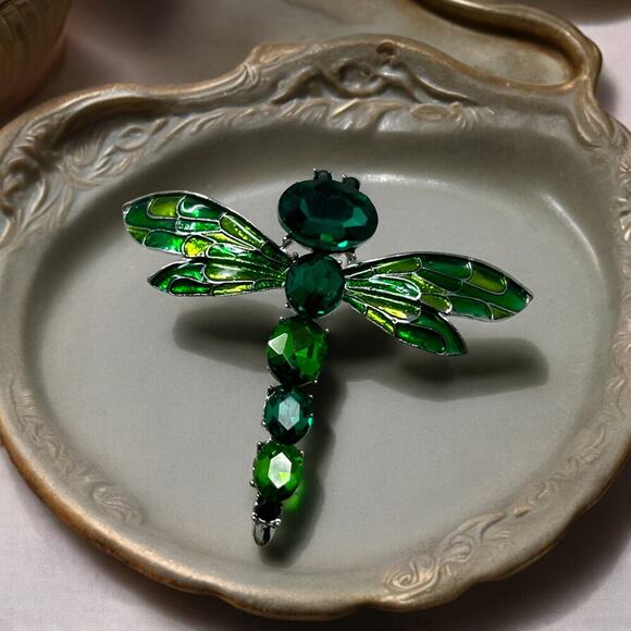 Unbranded Jewelry - Emerald, Green May Rhinestone Dragonfly Brooch Pin Enameled Statement Gift Mom